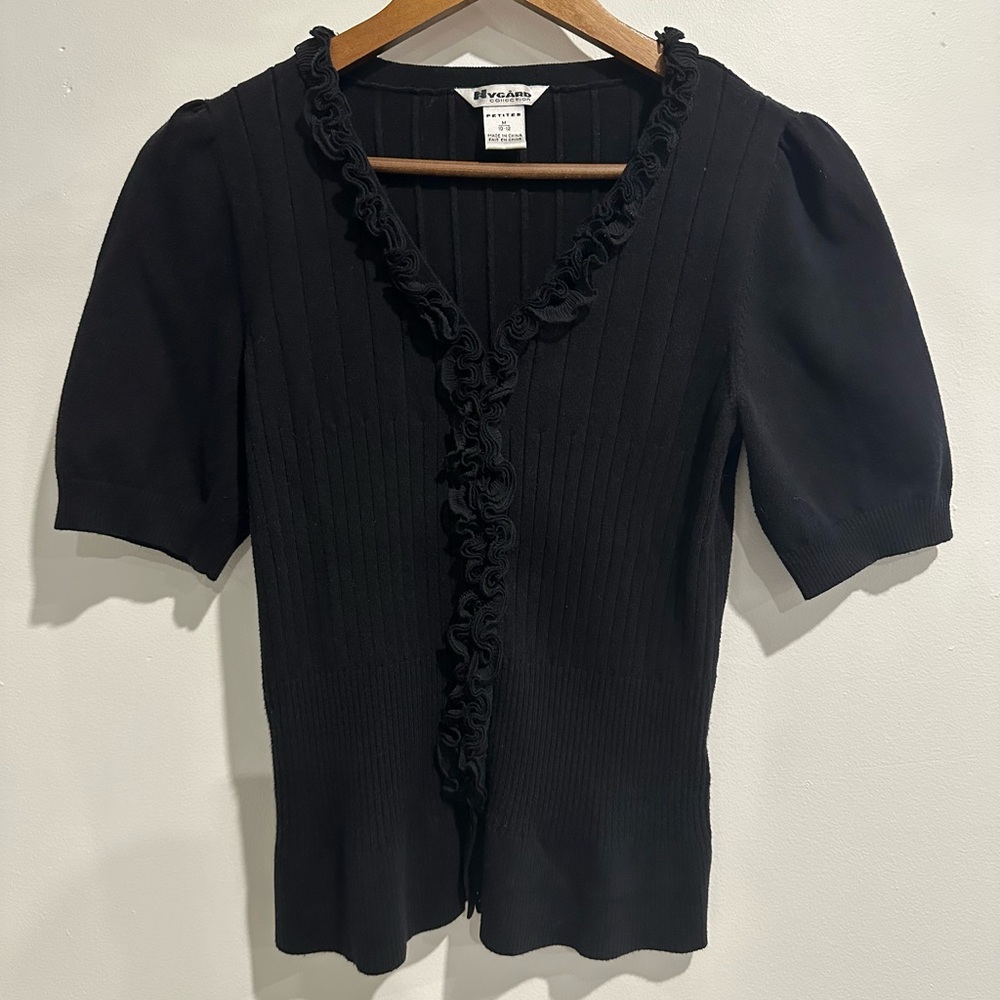 NYGARD COLLECTION Black Knit Puff Sleeve Ruffle Trim Cardigan Size Medium Petite